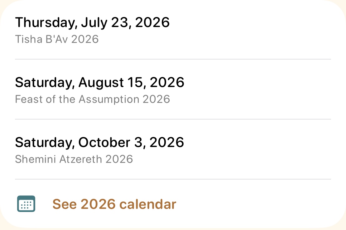 NoTicket upcoming street-cleaning suspensions list: Tisha B'Av July 23, Feast of the Assumption August 15, Shemini Atzereth October 3 — with a See 2026 calendar link