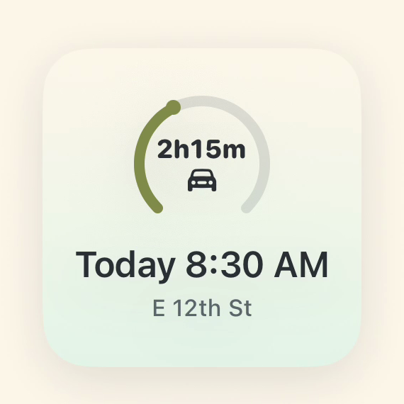 NoTicket home-screen widget counting down 2 hours 15 minutes to the next street cleaning, today at 8:30 AM on E 12th St